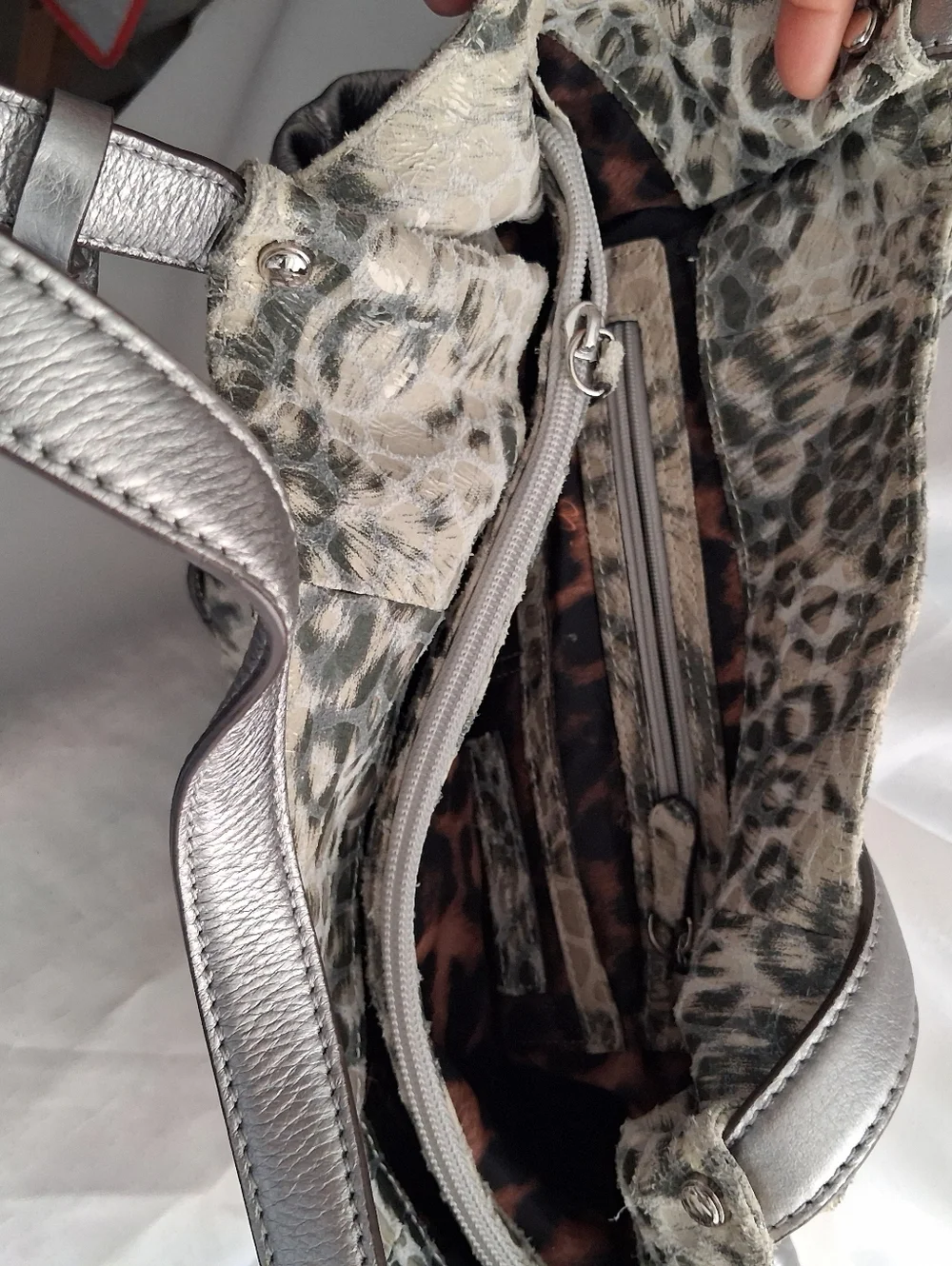 B. Makowsky Gray Animal Print Metallic Shoulder Bag with Leather Straps